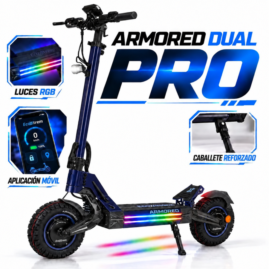 Ecoxtrem Armored PRO Dual con luces RGB, aplicación móvil y caballete reforzado